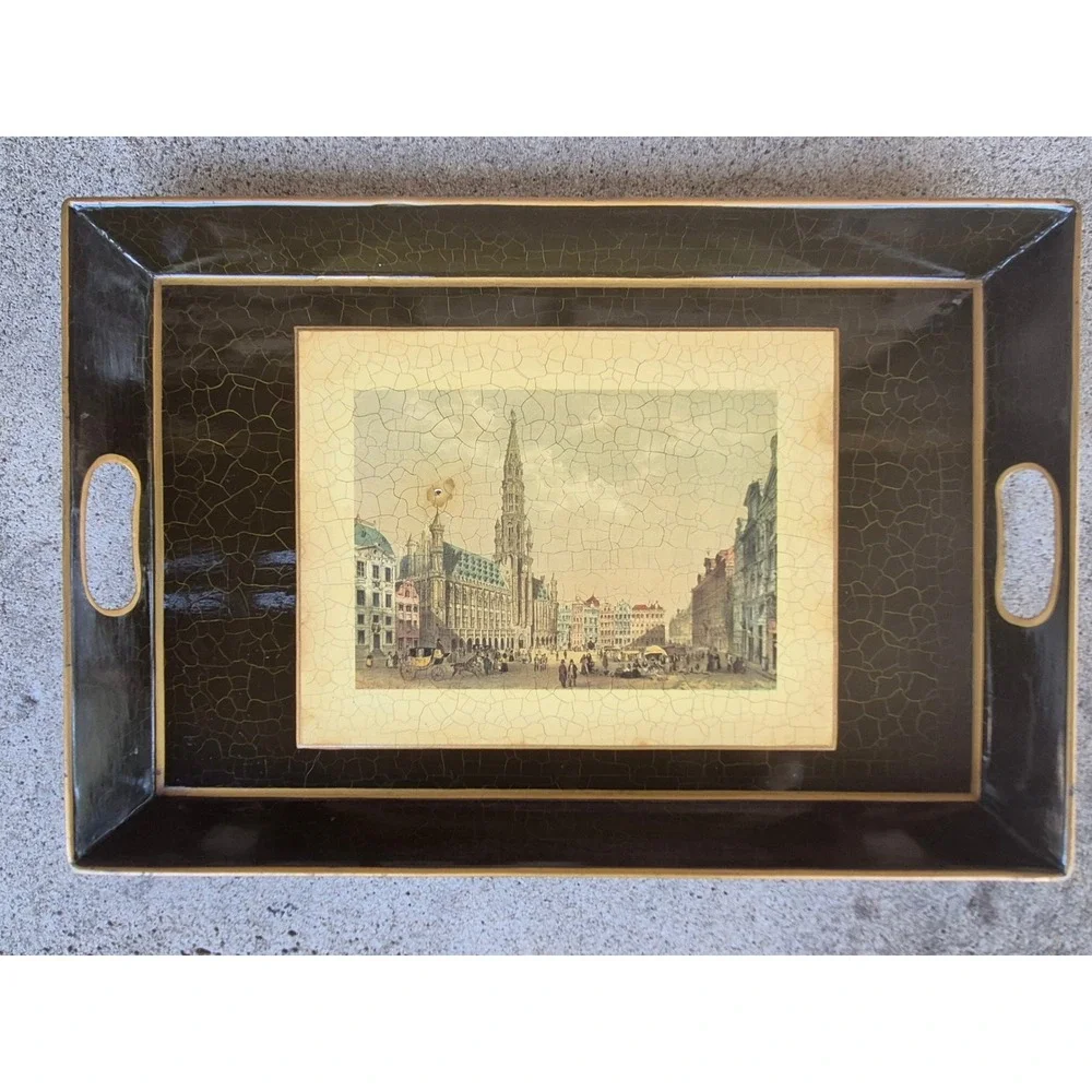 Vintage Metal Serving Tray Brussels Cityscape Black Gold Crackle Wall Decor